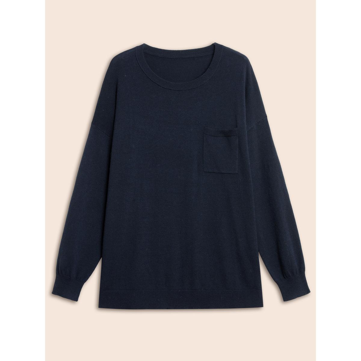 Plus Size Supersoft Chest Pocket Wool Top Indigo Women Casual Loose Long Sleeve Round Neck Everyday Pullovers BloomChic 26/4X Product Image
