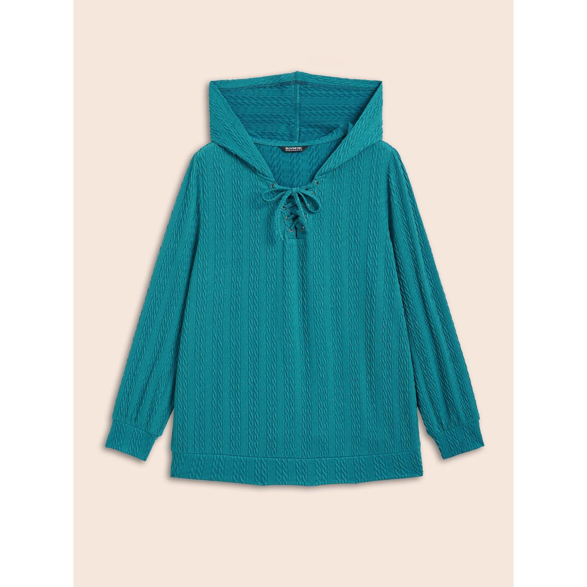 Plus Size Plain Textured Lace Up Hooded Sweatshirt Women Teal Casual Eyelet Non Everyday Sweatshirts BloomChic 18-20/2X Product Image
