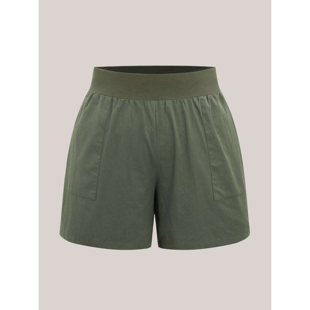 Plus Size Cotton Wide Waist Plain Shorts Women ArmyGreen Resort Slit Straight Leg Vacation Shorts BloomChic 26/4X Product Image