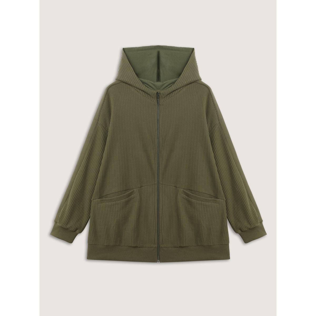 Plus Size Ribbed Texture Pockets Hooded Coat Women ArmyGreen Leisure Texture Ladies Casual Winter Coats BloomChic 14-16/1X Product Image
