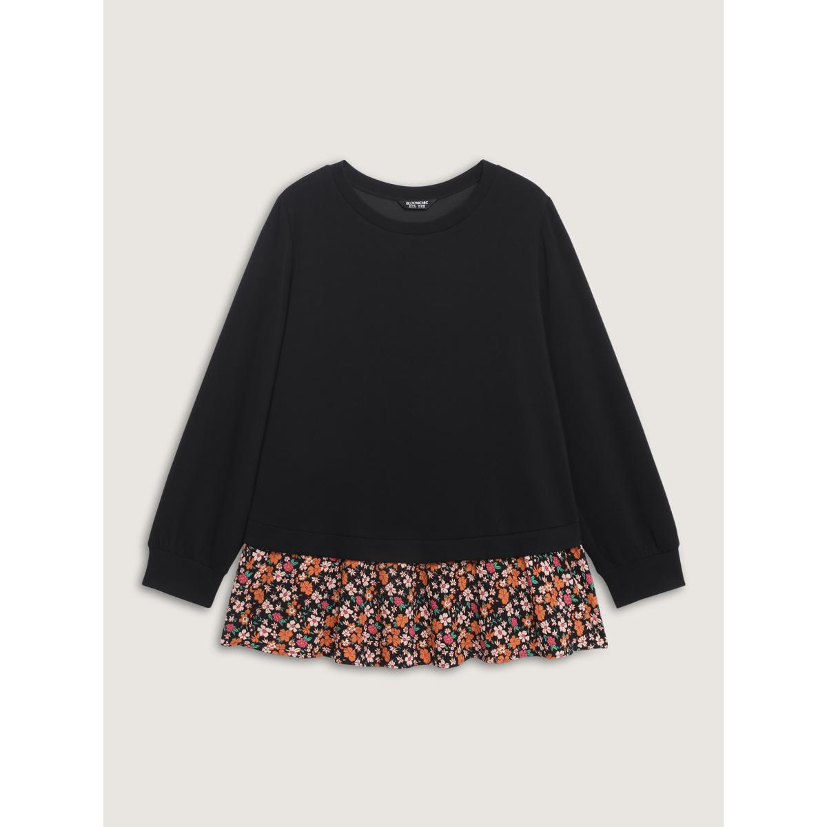 Plus Size Supersoft Floral Spliced Layered Sweatshirt Women Black Leisure Contrast Round Neck Casual Sweatshirts BloomChic 26/4X Product Image
