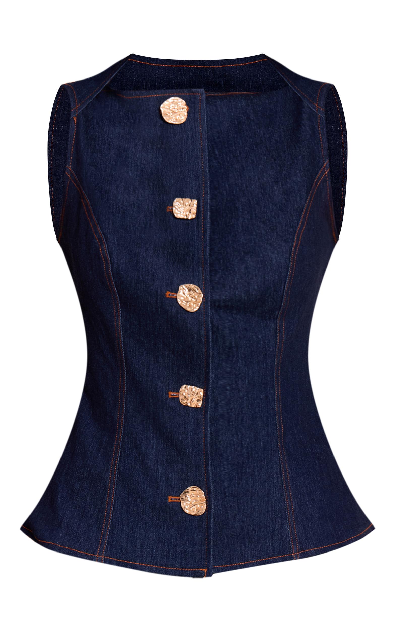 Indigo Blue Chambray Denim Gold Button Detail Top Product Image