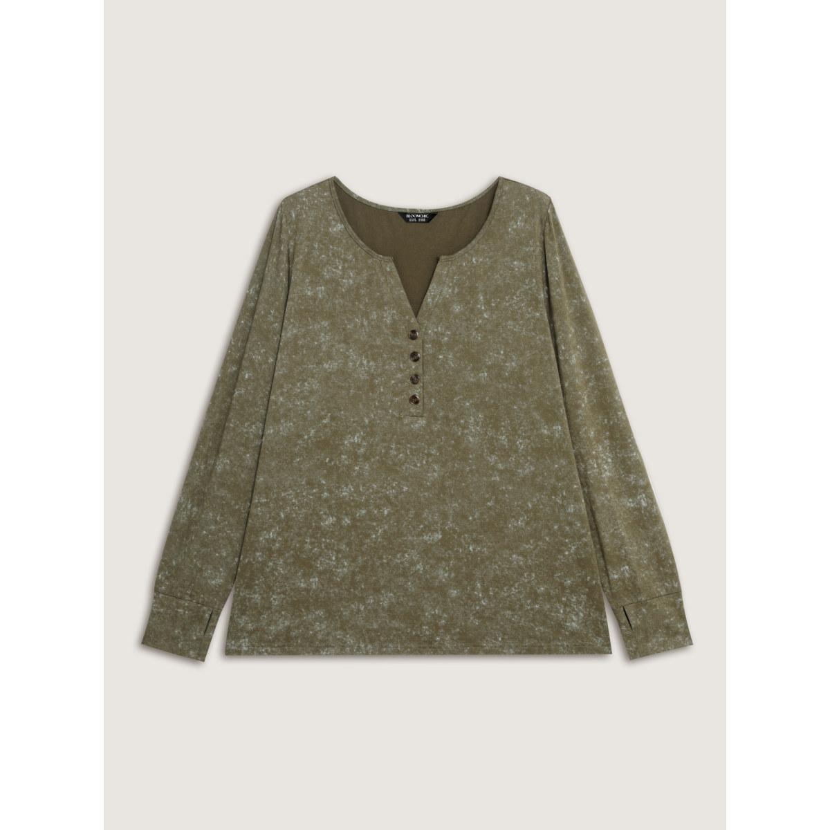 Plus Size Snowflake Effect Button Detail T-Shirt ArmyGreen Women Leisure Button Flat collar with V-notch Casual T-shirts BloomChic 22-24/3X Product Image