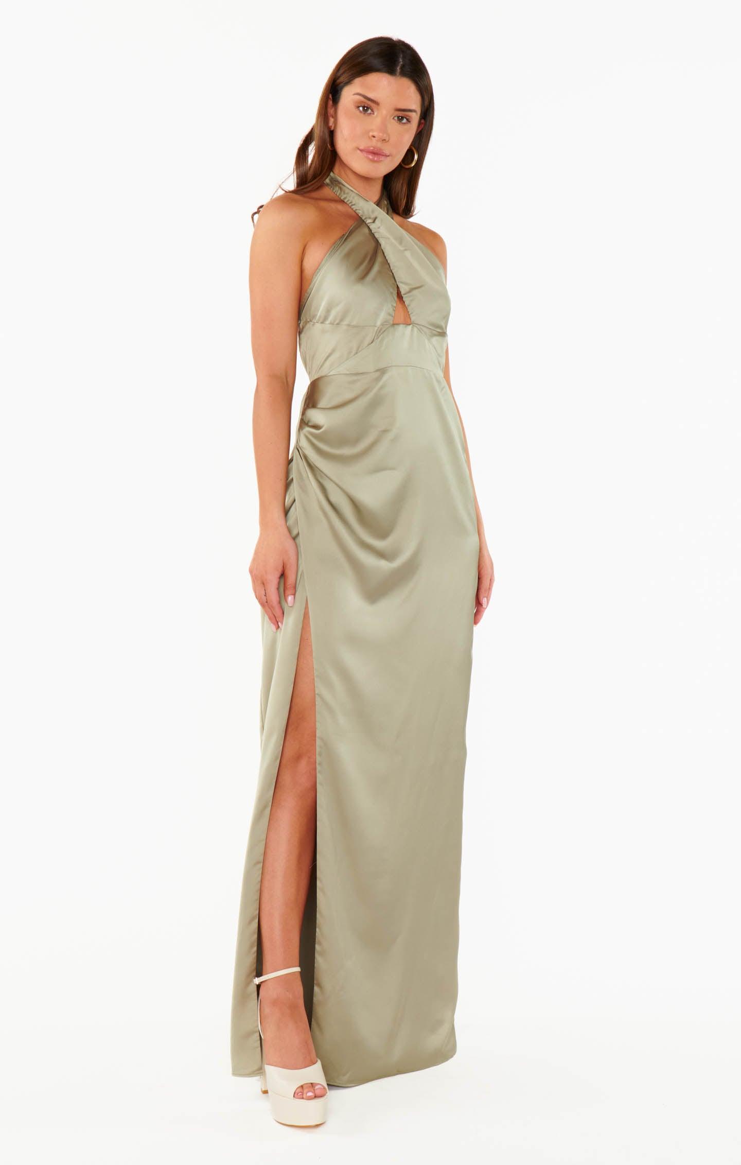 Adele Halter Maxi Dress ~ Moss Green Luxe Satin Product Image