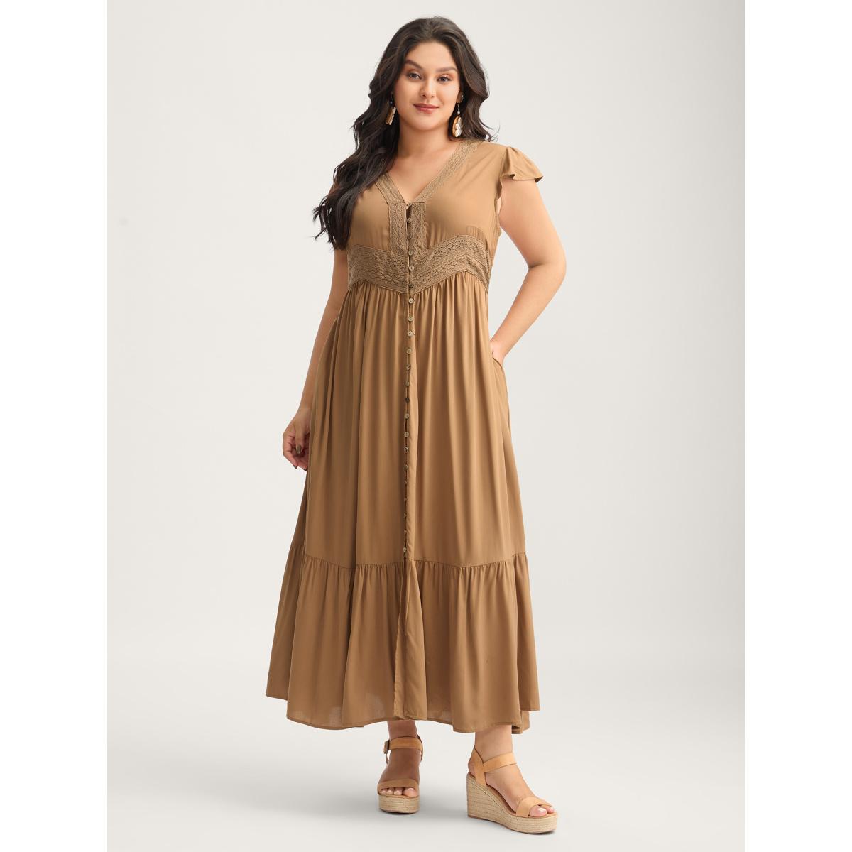 Plus Size Rayon Lace Trim Button Placket Flutter Maxi Dress Yellowishbrown Women V-neck Long Sleeve Curvy BloomChic 30/6X Product Image