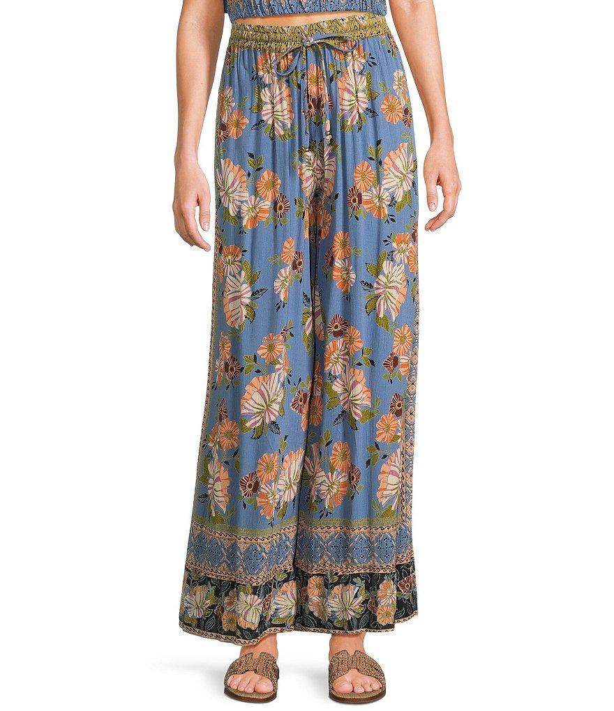 Angie Floral Border Print Elastic Waist Ruffle Hem Coordinating Pants Product Image