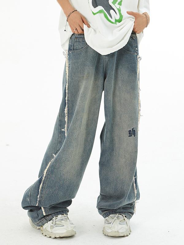 Men's Faded Patchwork Distressed Loose Jeans Product Image