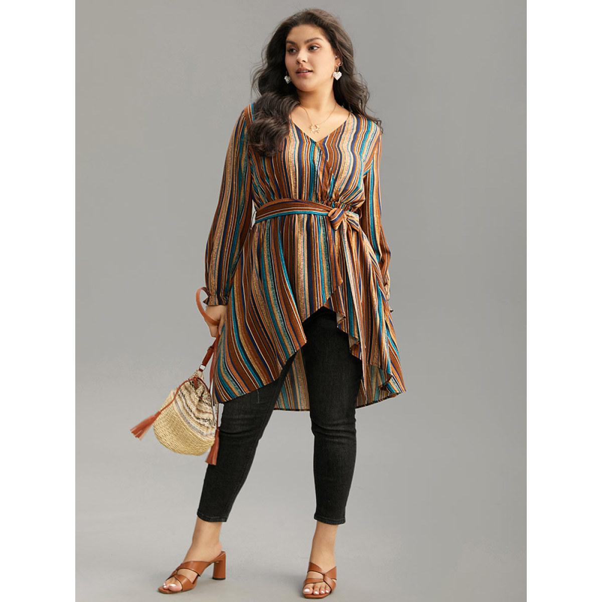 Plus Size Multicolor Striped Overlap Collar Arc Hem Belted Blouse Women Vacation Long Sleeve Overlap Collar Vacation Blouses BloomChic 30/6X Product Image