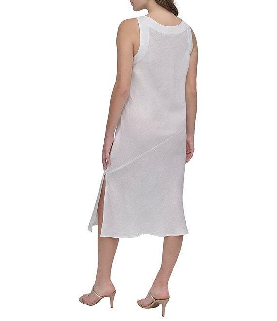 DKNY by Donna Karan Linen Studded V-Neck Sleeveless Midi Dress Product Image