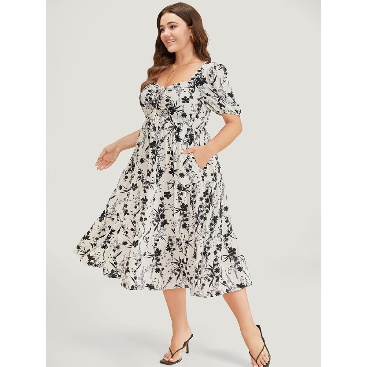 Plus Size Floral Puff Sleeve Pocket Ruched Drawstring Ruffle Dress Black Women Elegant Lined Square Neck Short sleeve Curvy Midi Dress BloomChic 30/6X Product Image