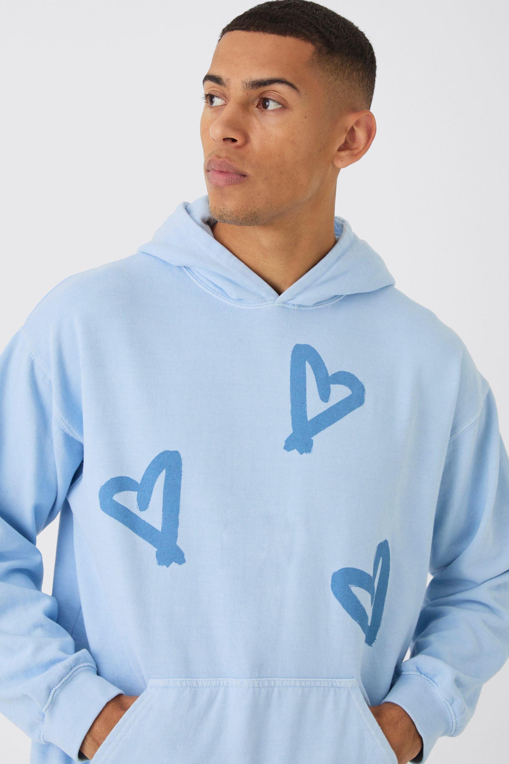 Oversized Washed Graffiti Heart Graphic Hoodie | boohooMAN USA Product Image