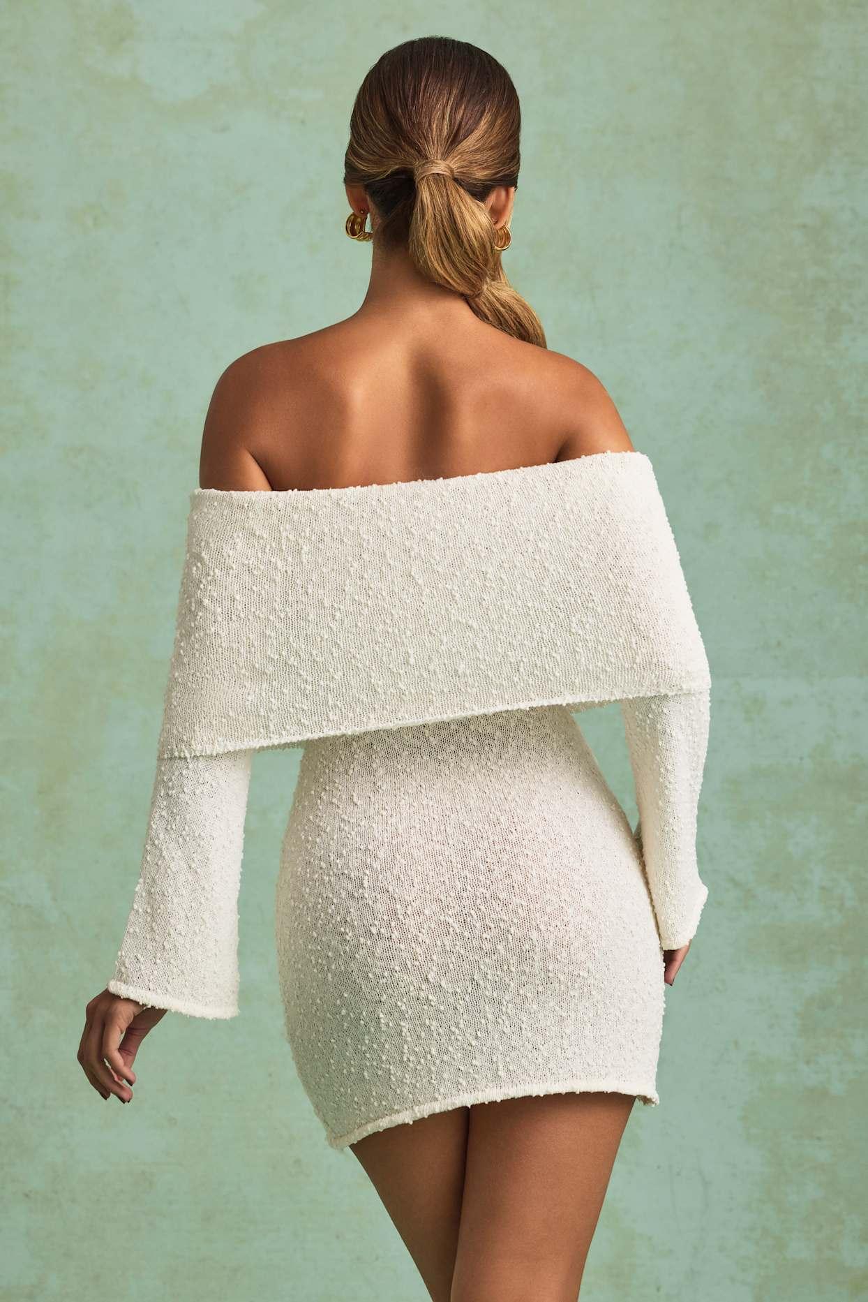 Bouclé Off-Shoulder Mini Dress in White Product Image