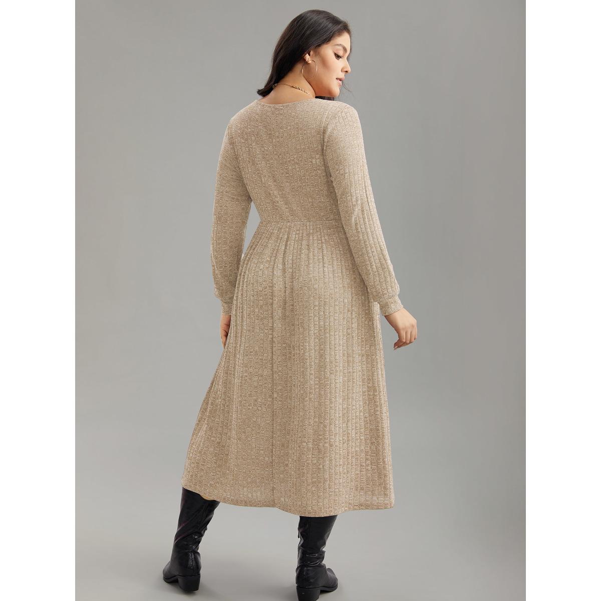 Plus Size Rib Knit Plain Plisse Long Sleeve Dress Beige Women Casual Rib Knit V-neck Long Sleeve Curvy Midi Dress BloomChic 28/5X Product Image