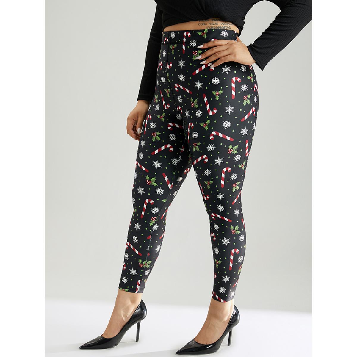 Plus Size Christmas Print Elastic Waist Skinny Leggings Women BlackFlower Casual High stretch Skinny High Rise Festival-Christmas Leggings BloomChic 12/L Product Image