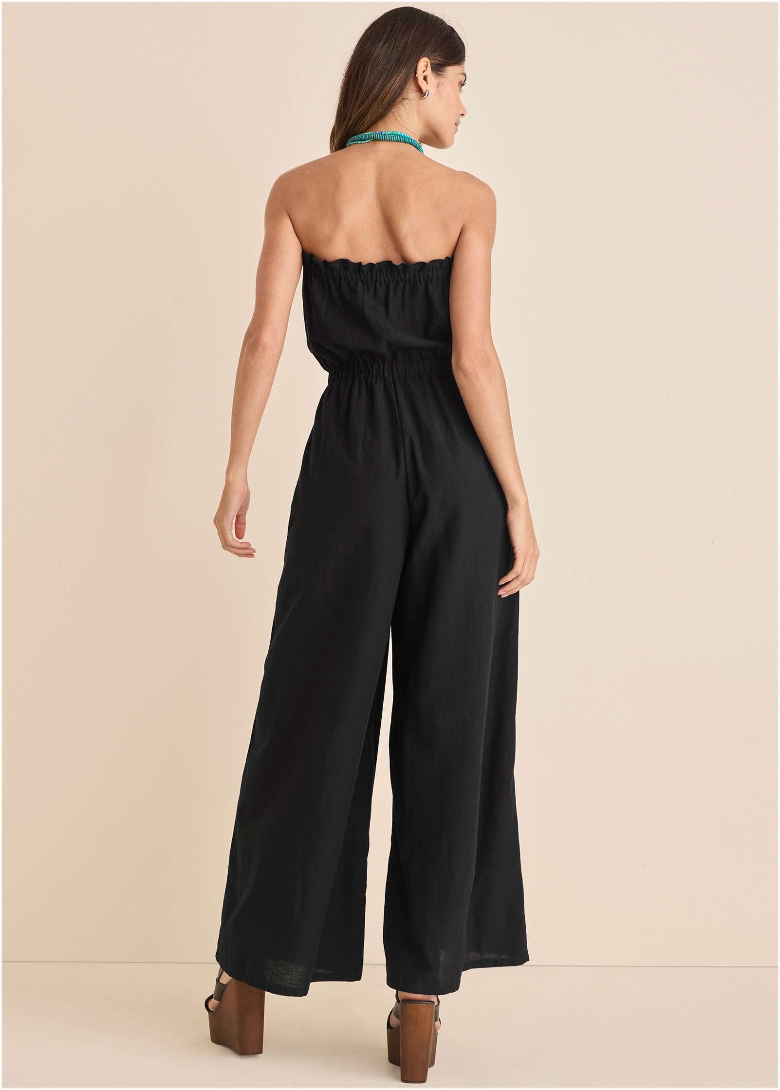 Strapless Linen Jumpsuit - Black & Blue Product Image