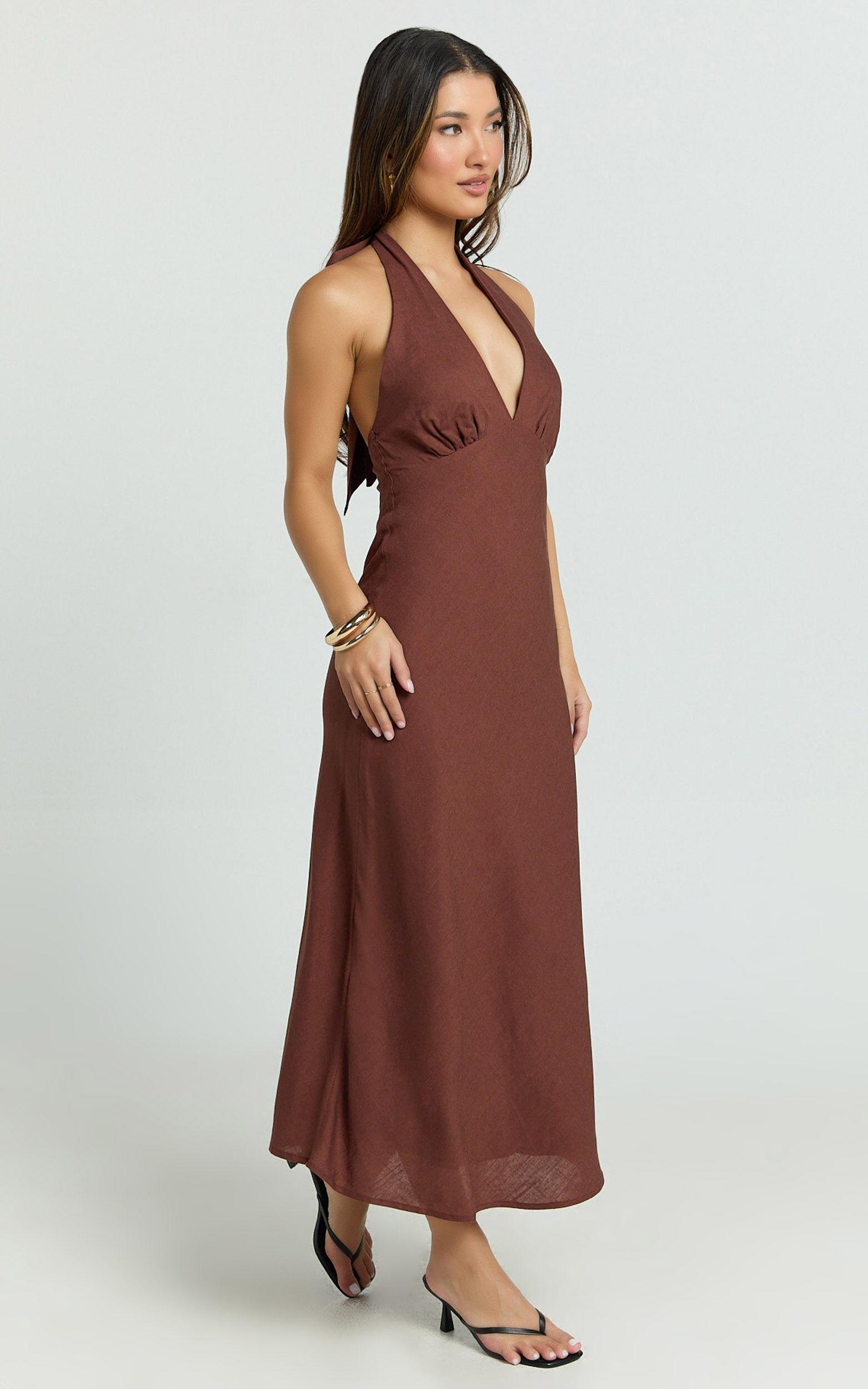 Adele Midi Dress - Halter Plunge Bias Cut Dress in Chocolate Product Image