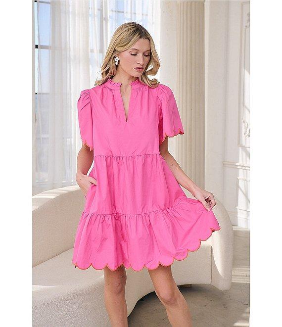 Sugarlips Poplin Ruffled Split V-Neck Short Sleeve Scallop Hem Mini Dress Product Image
