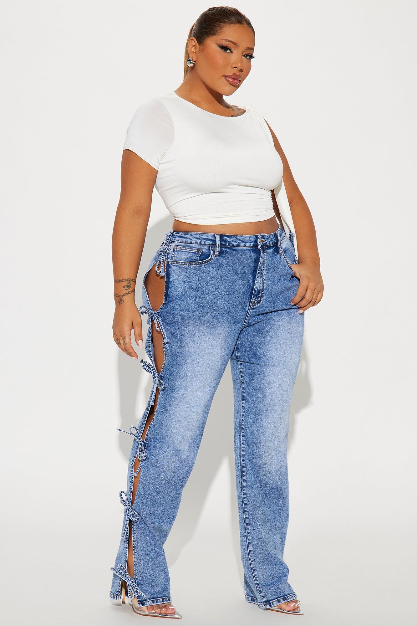 Tied In A Bow Stretch Straight Leg Jeans - Medium Wash Product Image