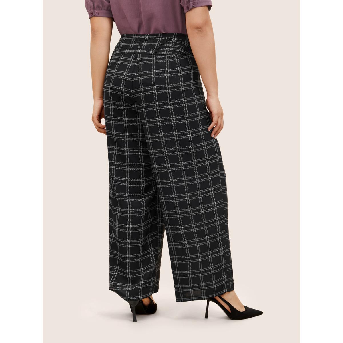 Plus Size Plaid Button Detail Slanted Pocket Wide Leg Pants Women Black At the Office Wide Leg High Rise Work Pants BloomChic 12/L Product Image