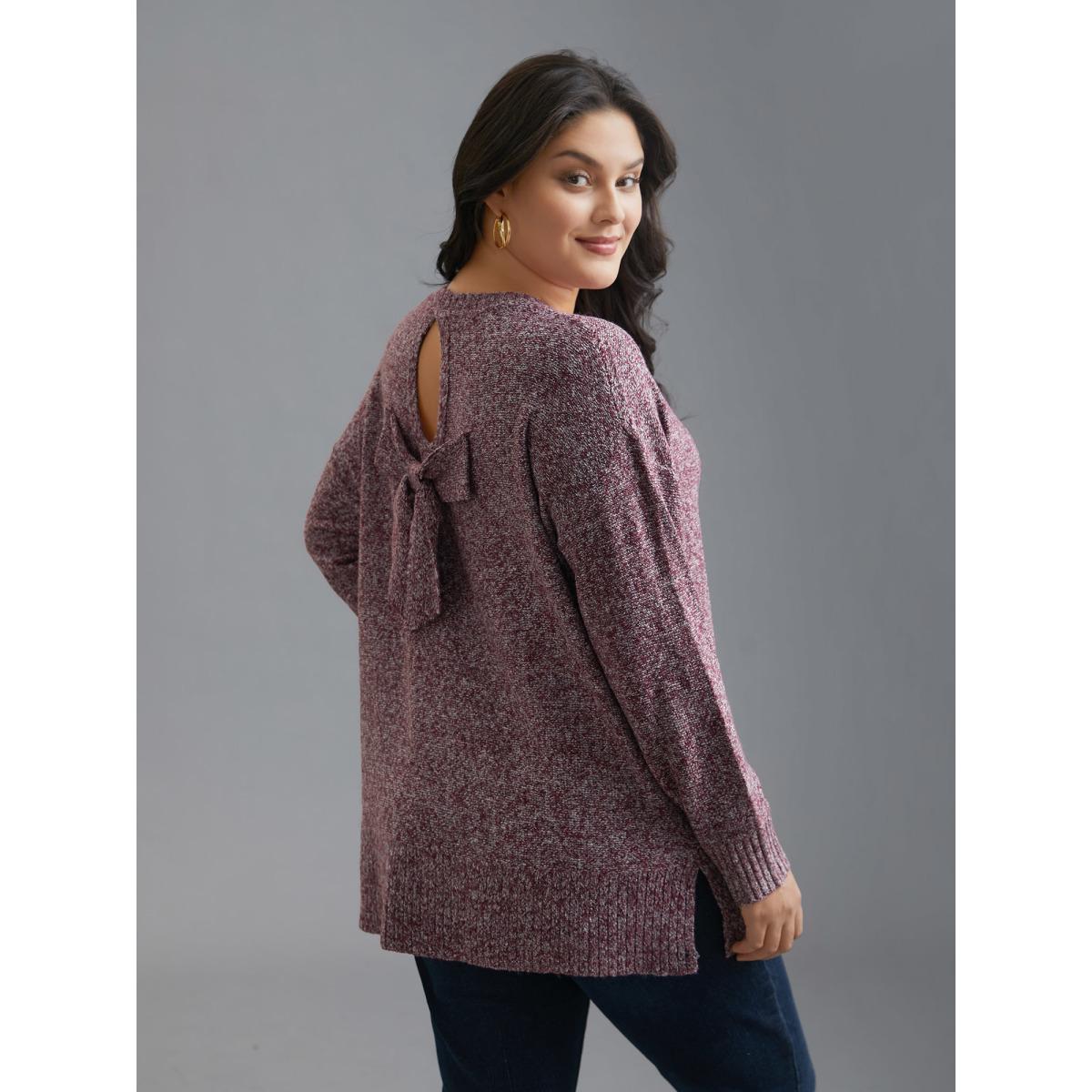 Plus Size Texture Bowknot Cut Out Slit Hem Pullover Plum Women Leisure Loose Long Sleeve Round Neck Casual Pullovers BloomChic 30/6X Product Image