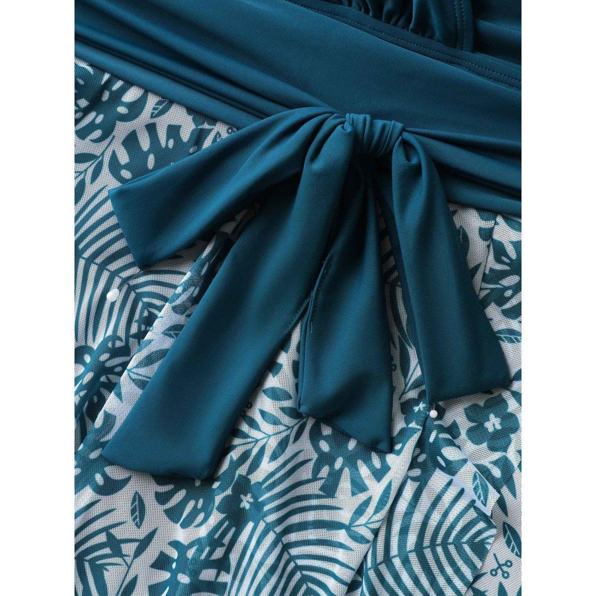 Plus Size Tropical Split Mesh Belted Swim Dress Women's Swimwear Cyan Resort Bodycon Overlap Collar High stretch Curve Swim Dresses BloomChic 14-16/1X Product Image