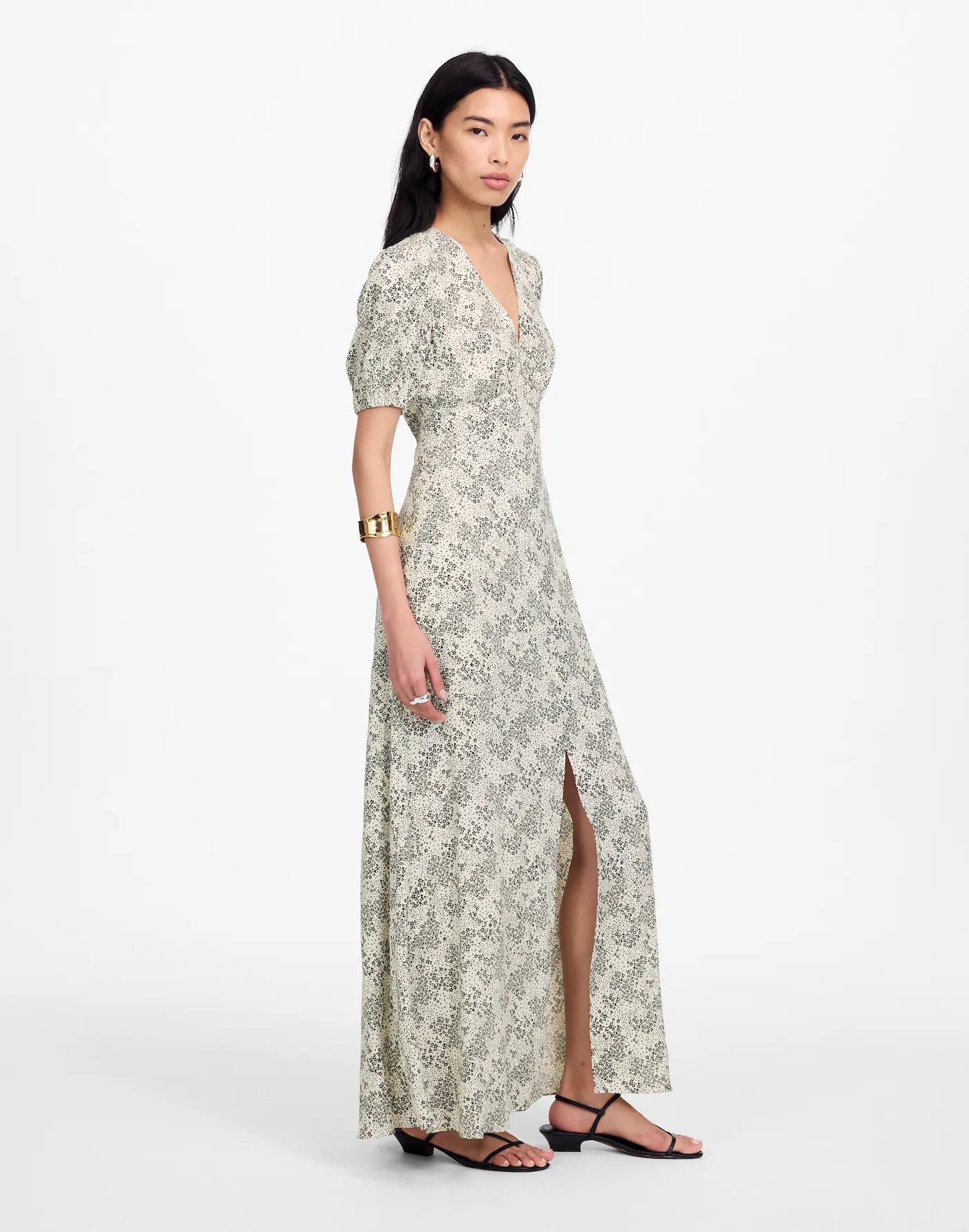 Puff-Sleeve V-Neck Midi Dress in Floral Product Image