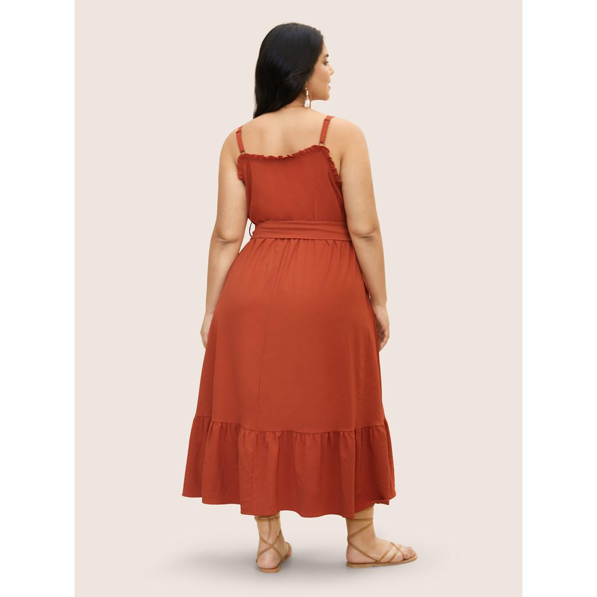 Plus Size Plain Textured Frill Trim Button Detail Dress Russet Women Resort Frill Trim Heart neckline Sleeveless Curvy BloomChic 22-24/3X Product Image