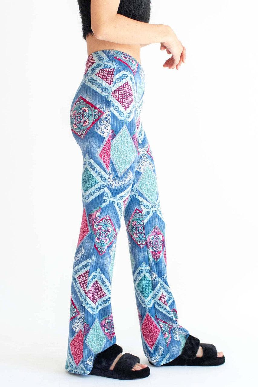 Blue Tile Print Ribbed Bell Bottoms Product Image