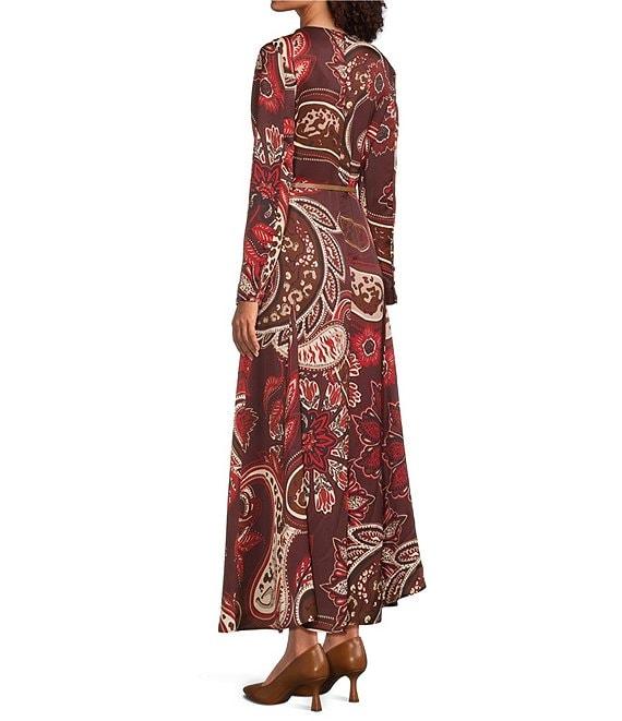Alex Marie Kate Paisley Printed Satin Crew Neck Long Sleeve Belted Maxi Dress Product Image