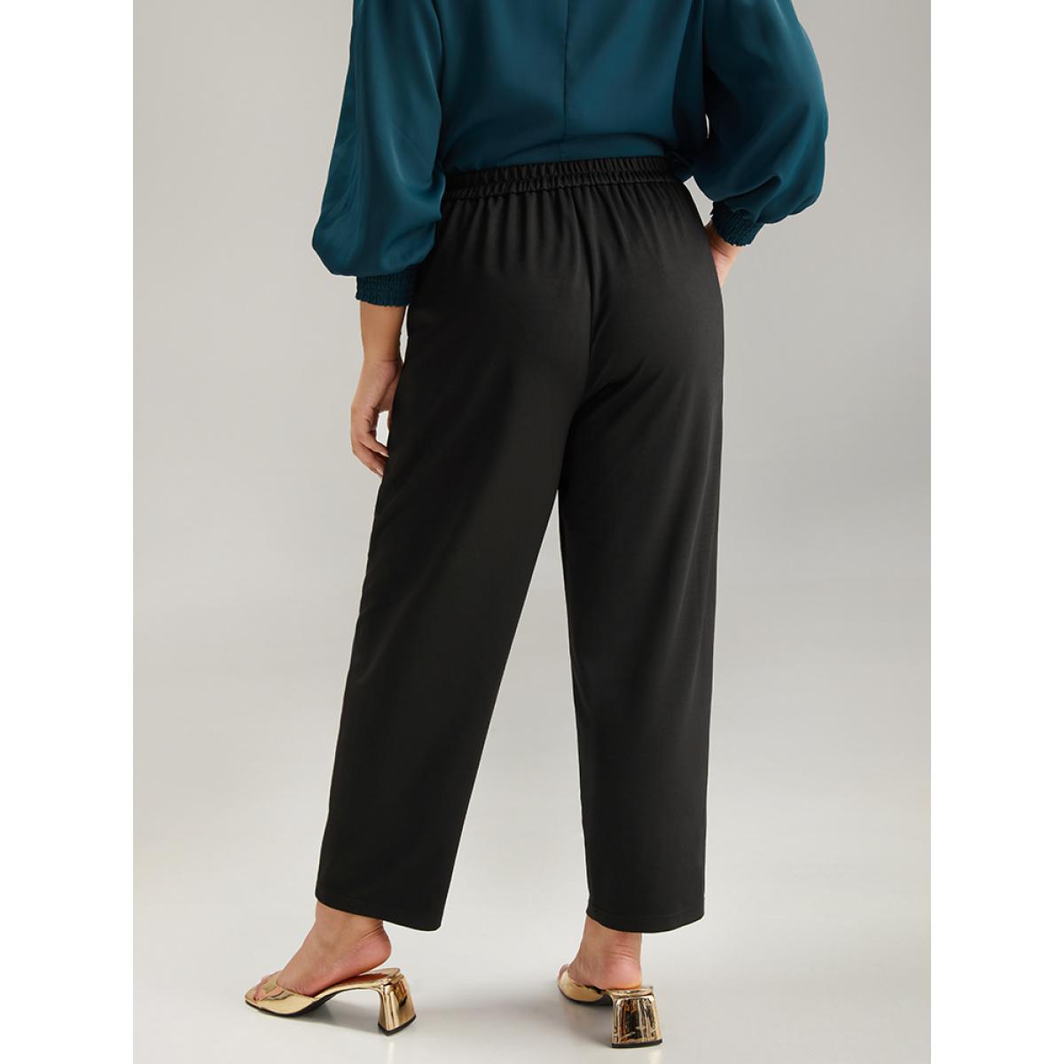 Plus Size Plain Pocket Buckle Detail Elastic Waist Pants Women Black Office Bodycon High Rise Office Pants BloomChic 26/4X Product Image