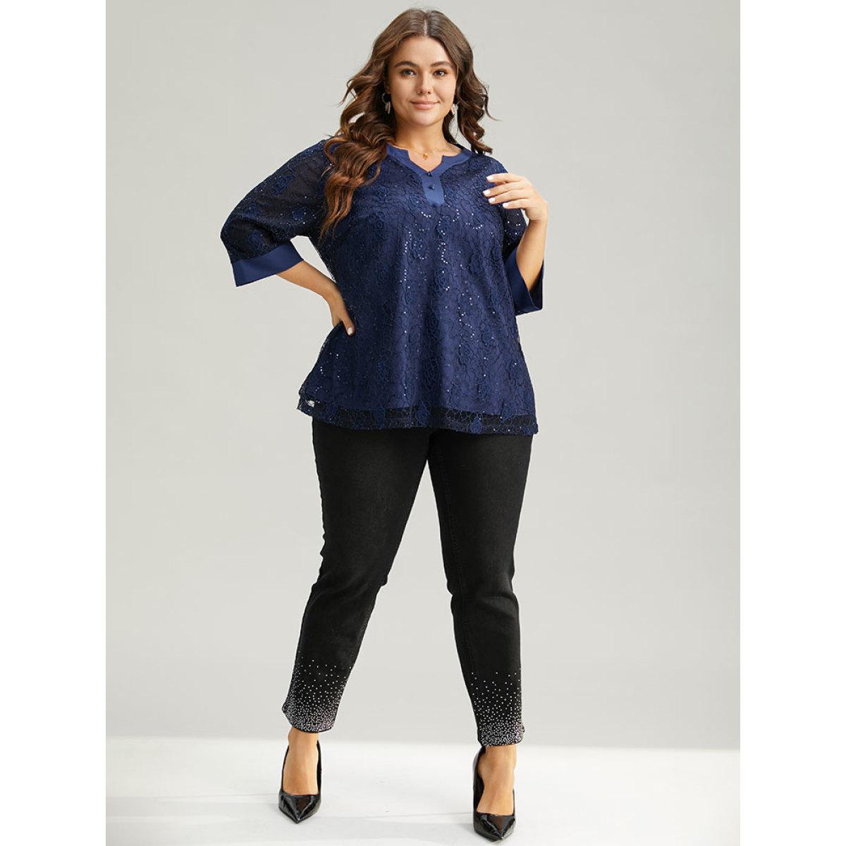 Plus Size Indigo Sequin Guipure Lace Button Detail Blouse Women Glamour Elbow-length sleeve V-neck Going out Blouses BloomChic 22-24/3X Product Image