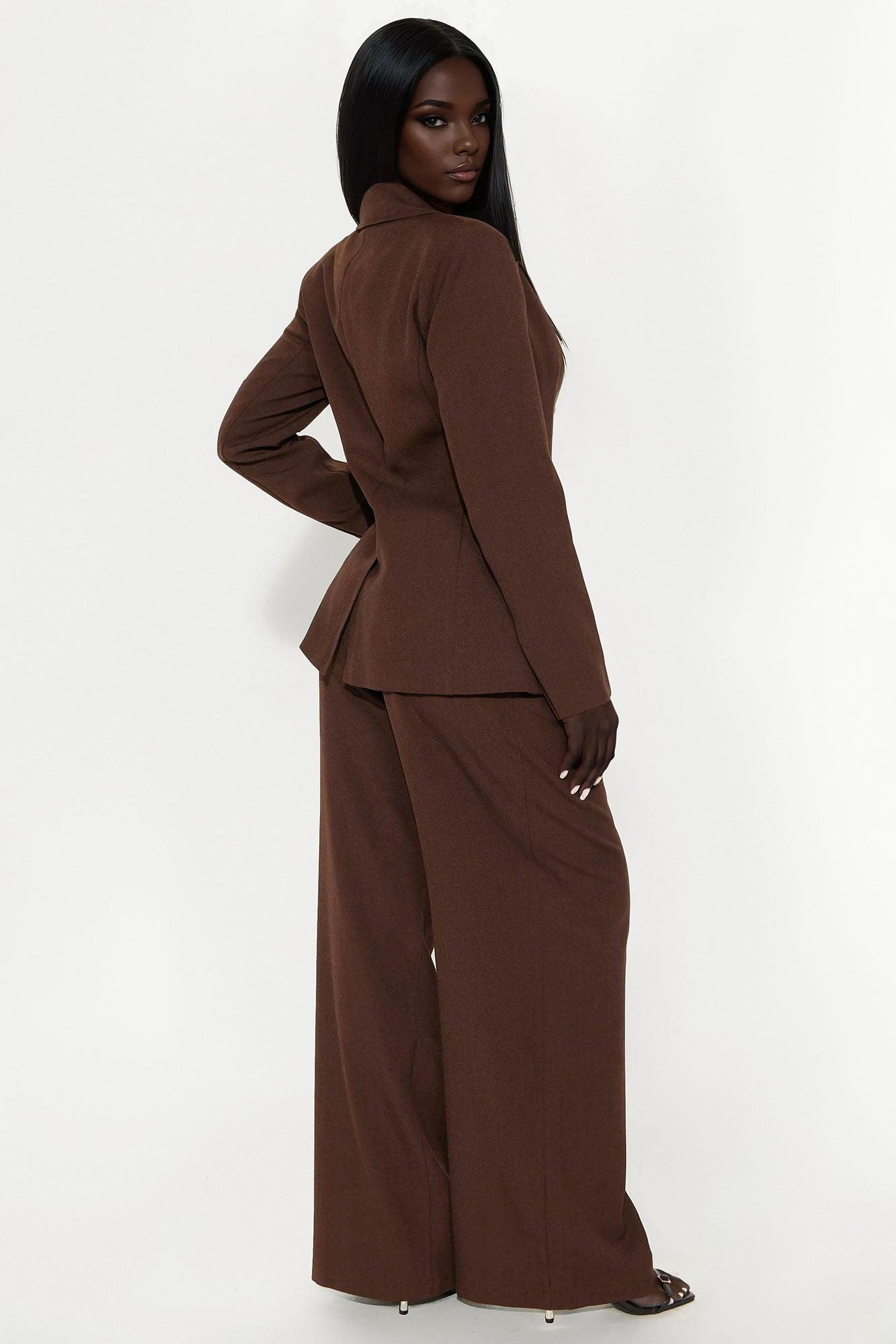Going Forward Fitted Waist Blazer Pant Set - Brown Female Product Image