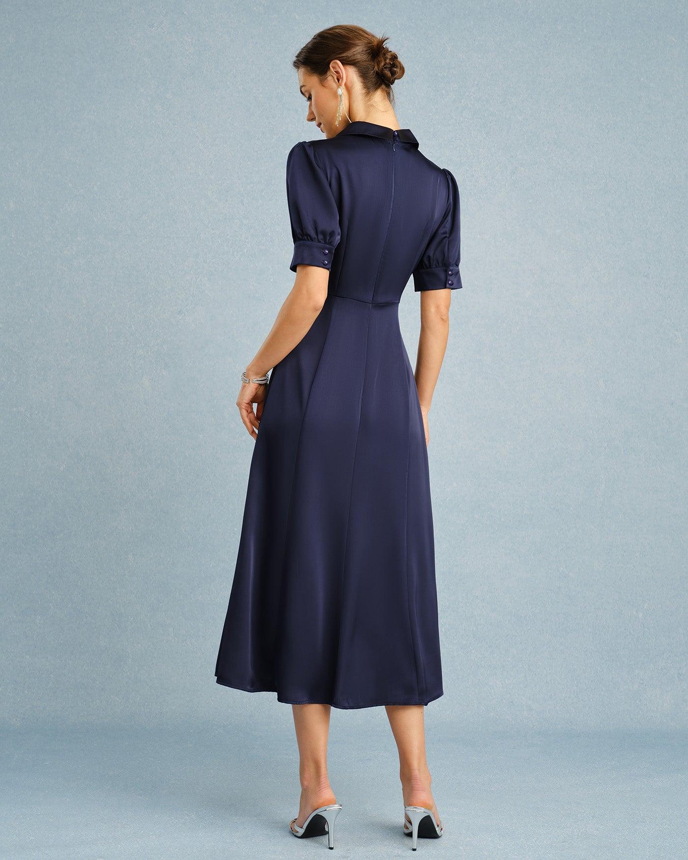 Navy Collar Puffed Sleeve Satin Midi Dress Product Image
