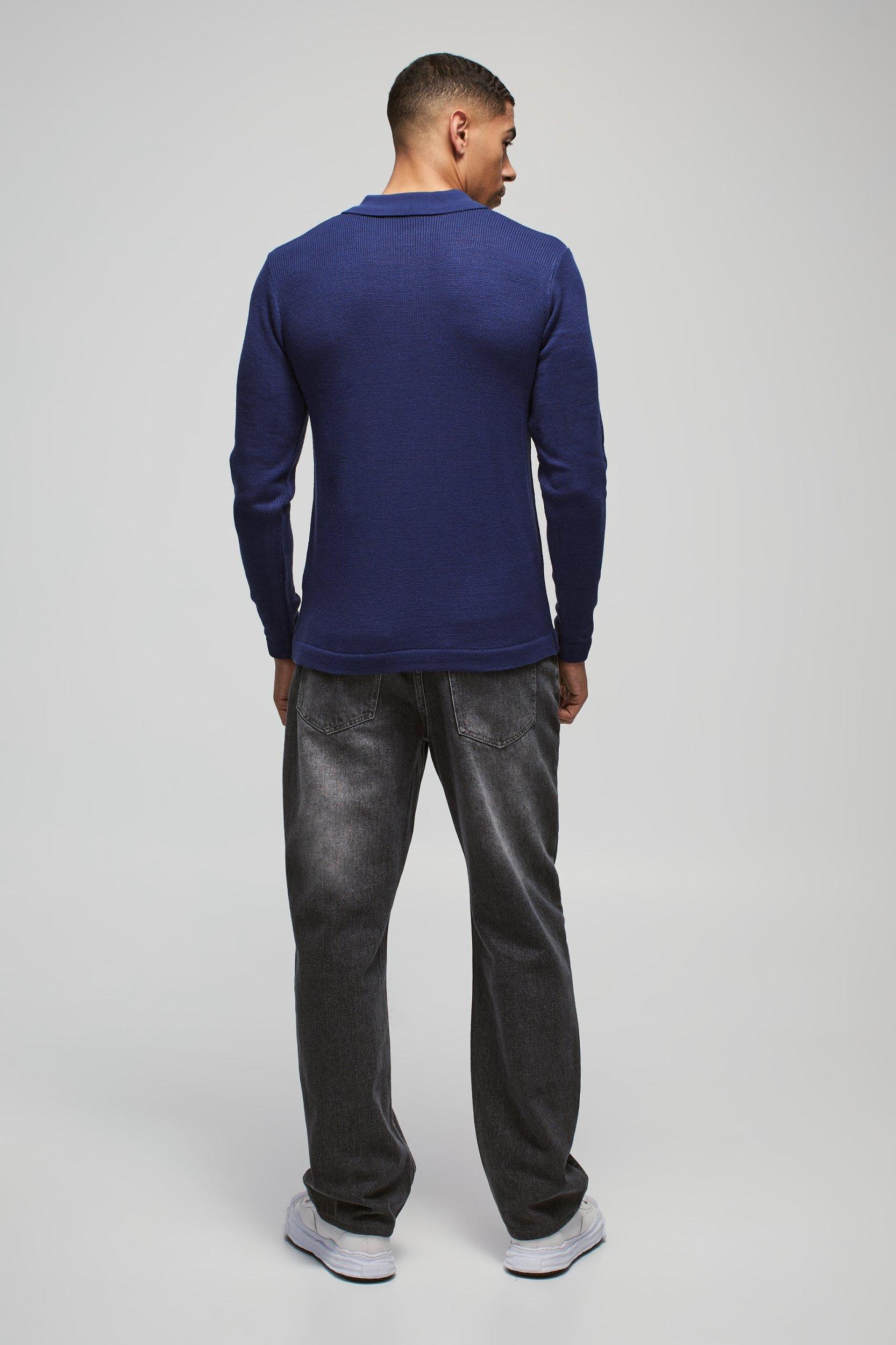 Regular Button Neck Long Sleeve Knitted Polo | boohooMAN USA Product Image