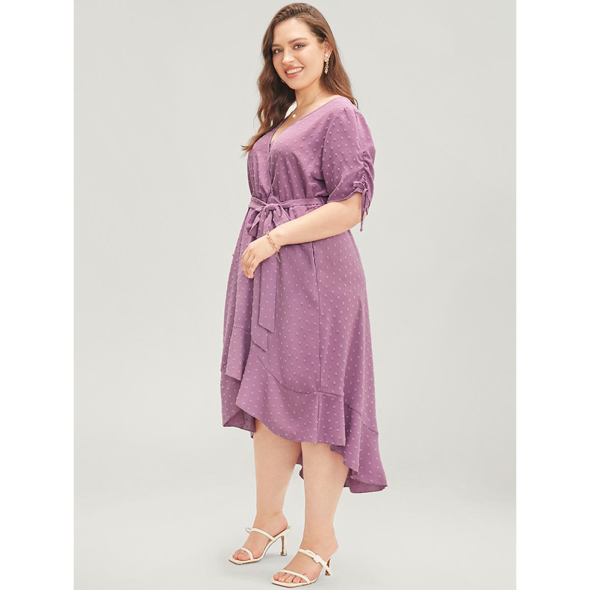 Plus Size Plain Wrap Ruffles Pocket Belted High Low Hem Dress Mauve Women Elegant Gathered V-neck Short sleeve Curvy Midi Dress BloomChic 14-16/1X Product Image