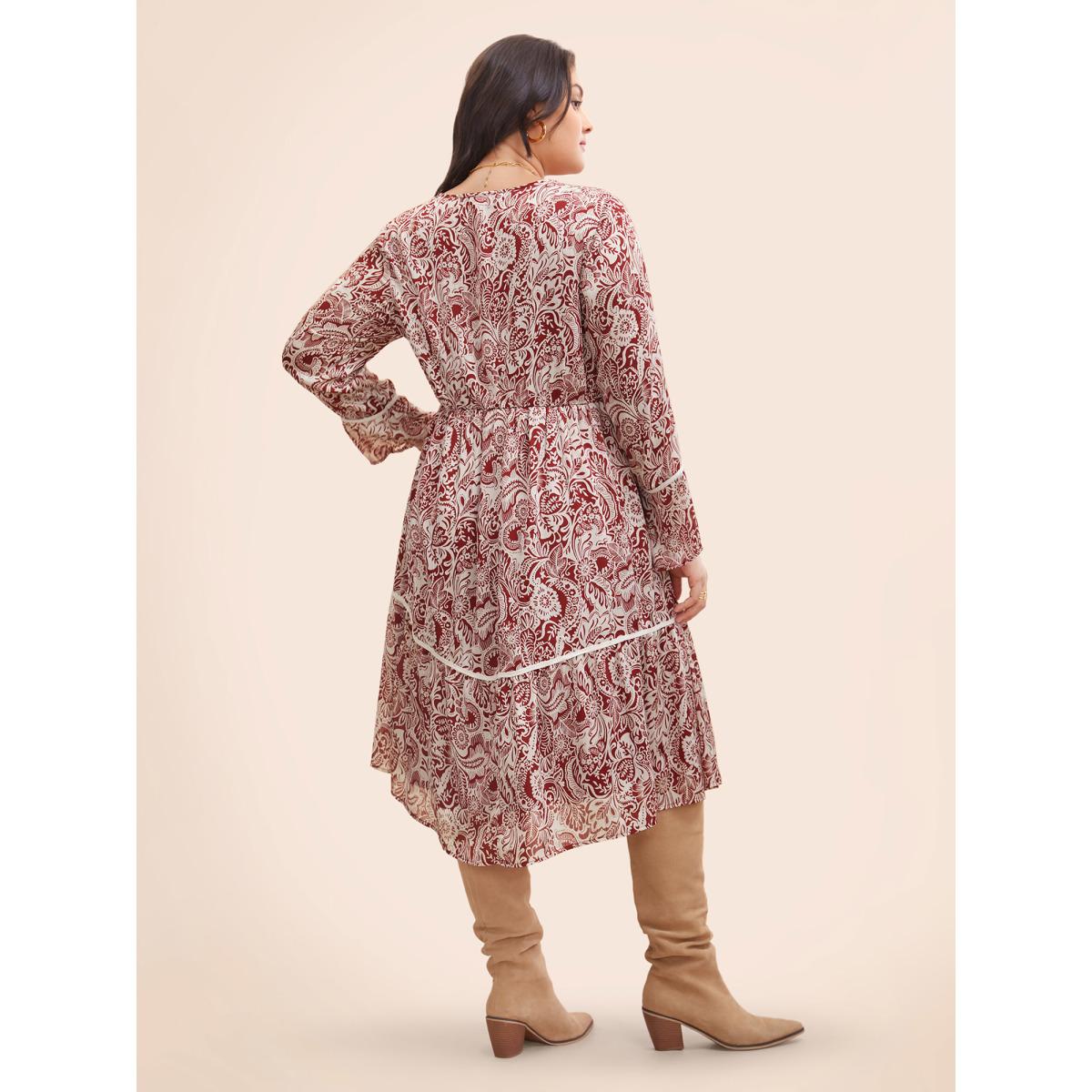Plus Size Bandana Woven Ribbon Bell Sleeve Dress Scarlet Women Resort Woven ribbon&lace trim Notched collar Long Sleeve Curvy BloomChic 28/5X Product Image
