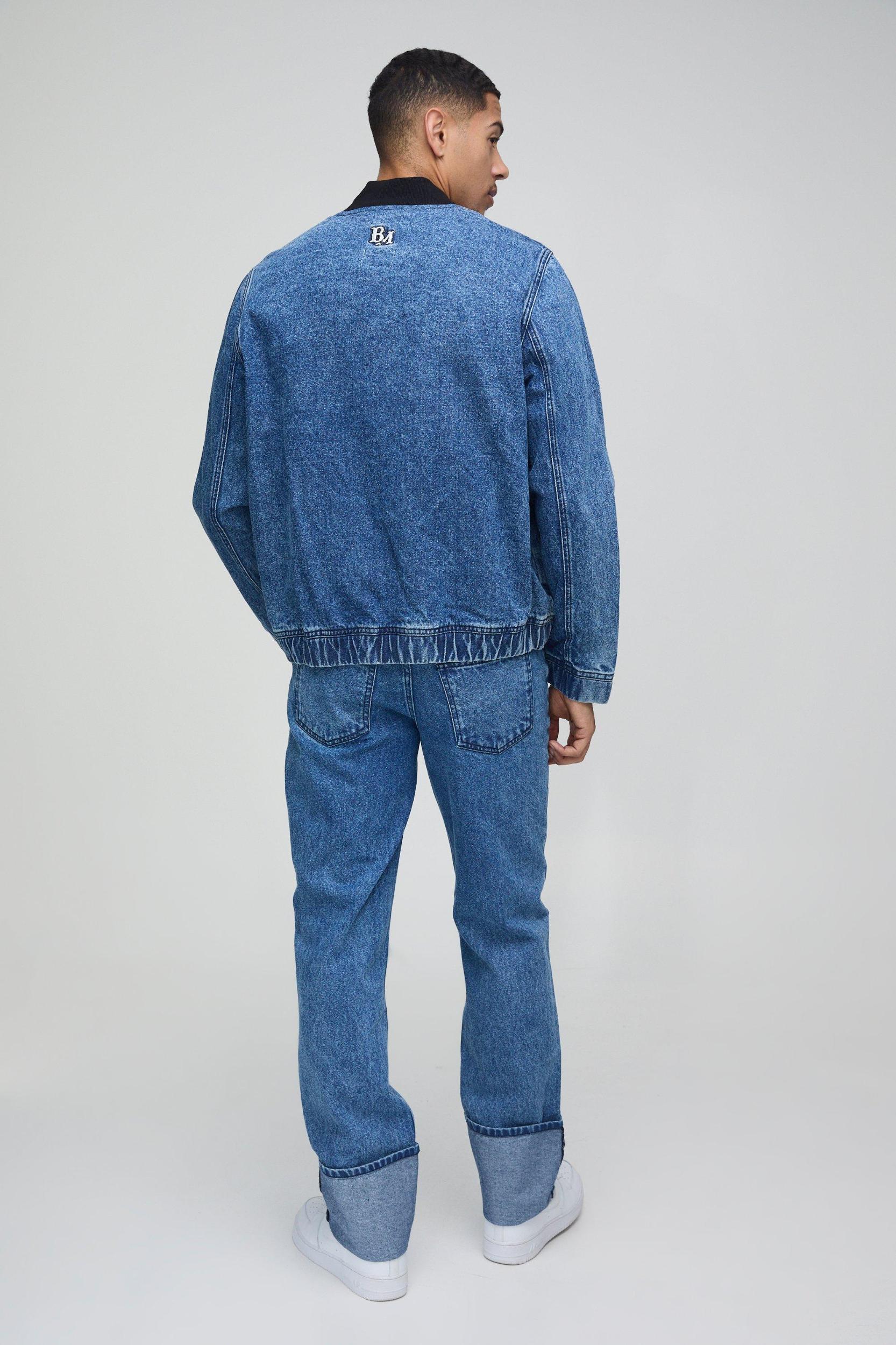 Boxy Official Embroidered Dark Wash Denim Bomber | boohooMAN USA Product Image