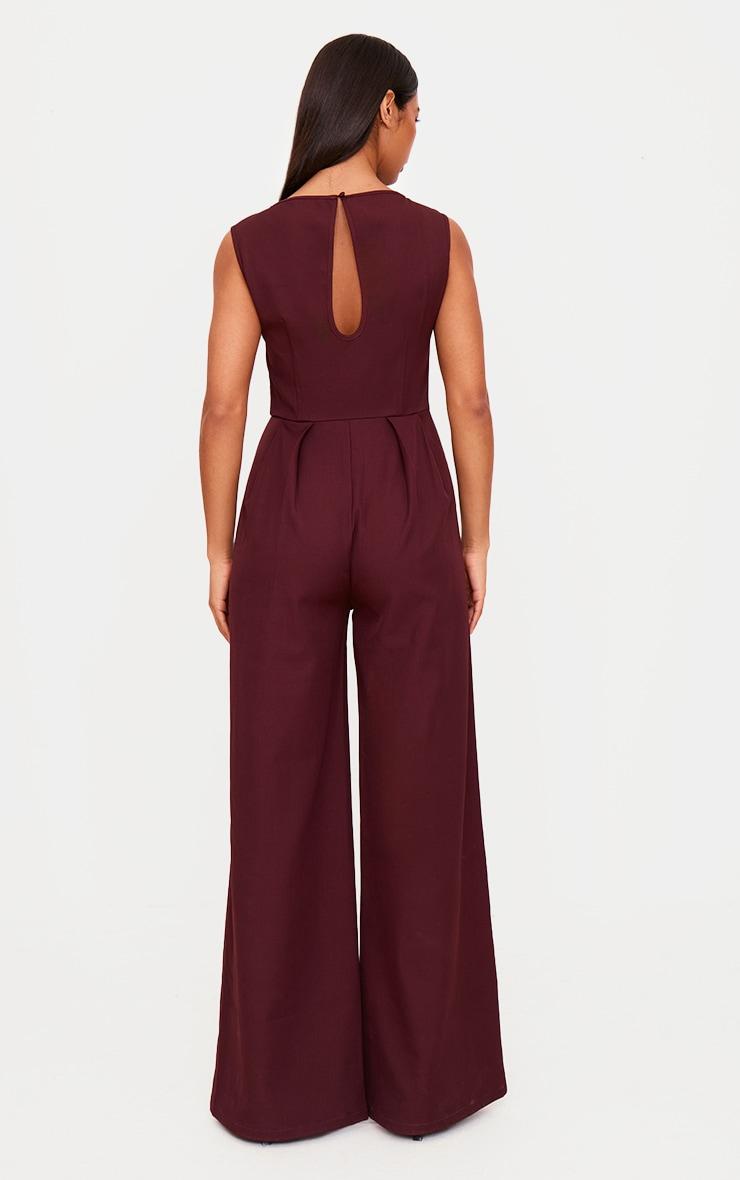 Burgundy Structured Woven Boat Neck Tailored Straight Leg Jumpsuit Product Image