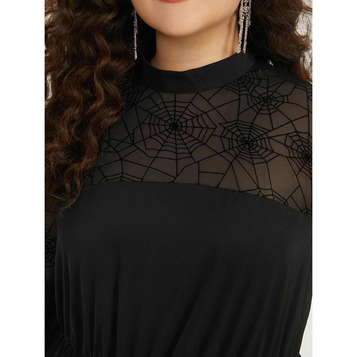 Plus Size Black Halloween Anti-Wrinkle Spider Web Crochet Lace Mesh Jumpsuit Women Glamour Long Sleeve Mock Neck Festival-Halloween Loose Jumpsuits BloomChic 14-16/1X Product Image
