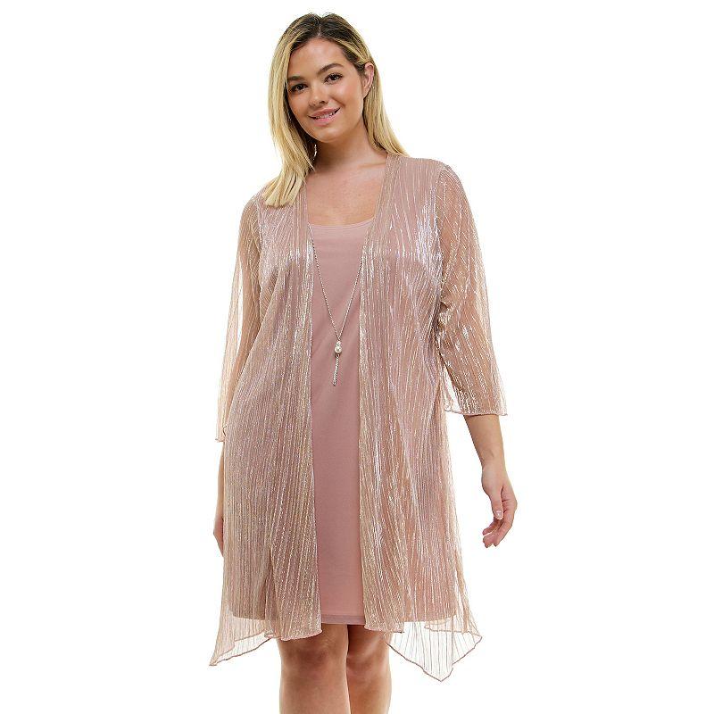 Plus Size Luxology 3-Piece Jacket & Shift Dress with Necklace, Women's, Size: 1XL, Bronze Rose Gold Black Product Image