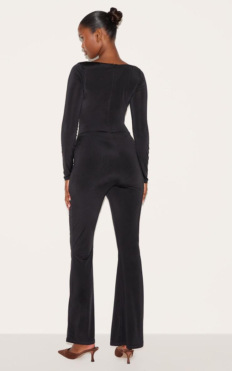 Black Double Layer Slinky Gathered Long Sleeve Wide Leg Jumpsuit Product Image