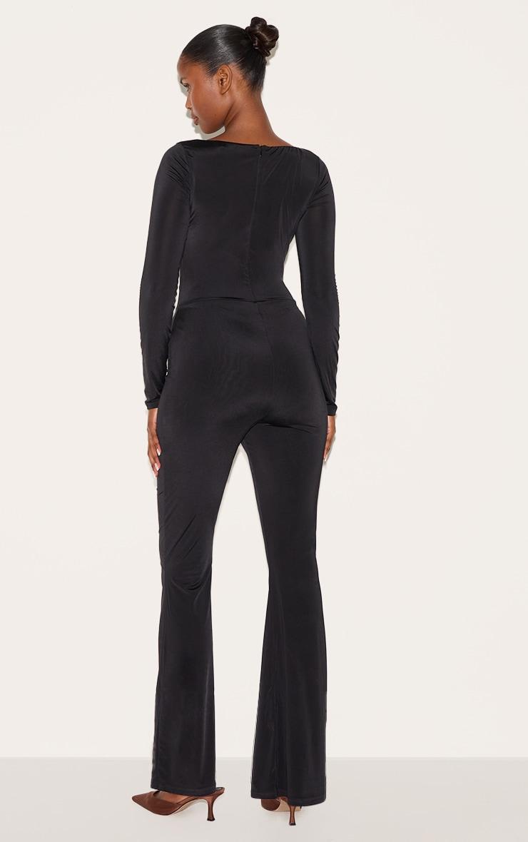 Black Double Layer Slinky Gathered Long Sleeve Wide Leg Jumpsuit Product Image
