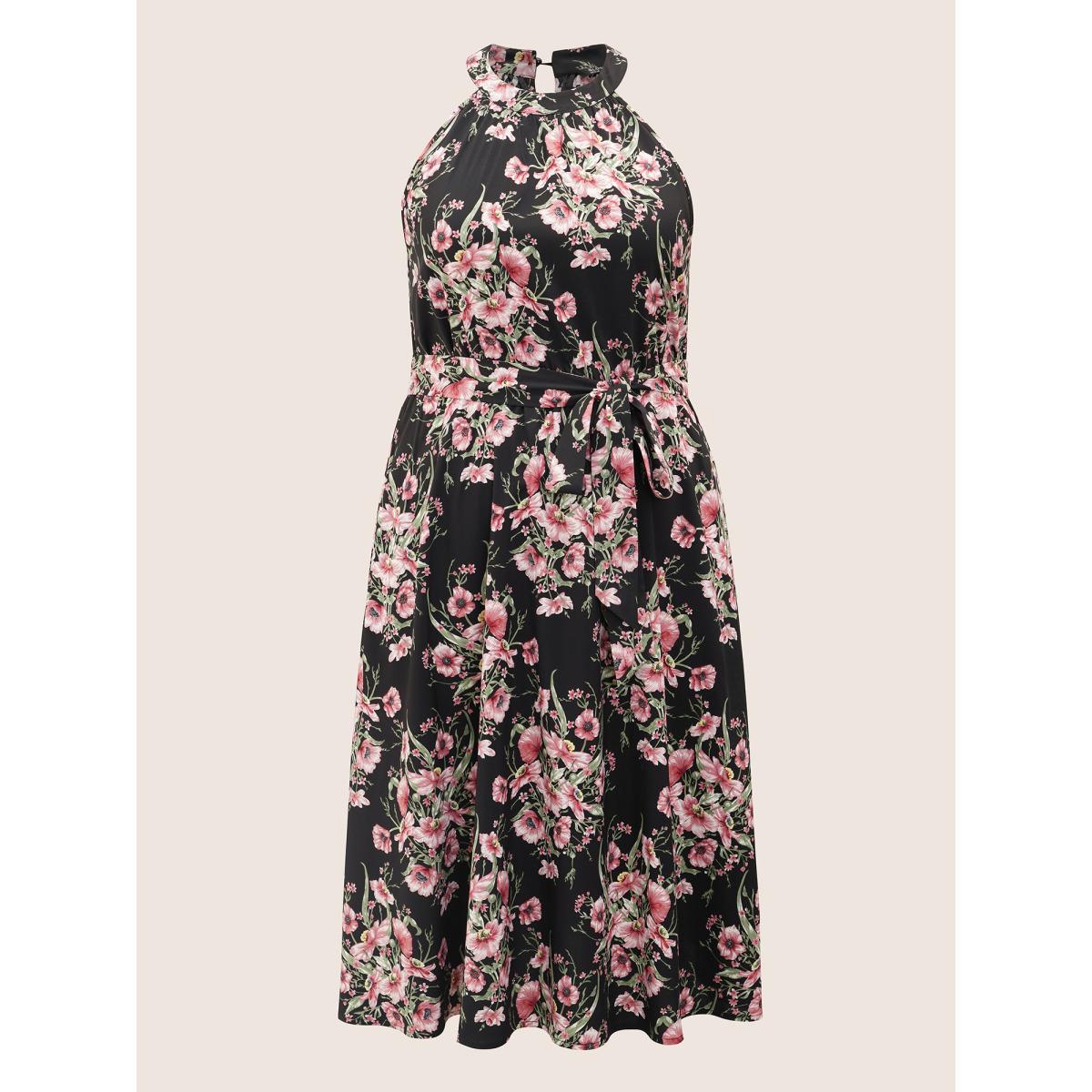 Plus Size Floral Print Halter Elastic Waist Belted Dress Black Women Elegant Non Halter neck Sleeveless Curvy Midi Dress BloomChic 18-20/2X Product Image