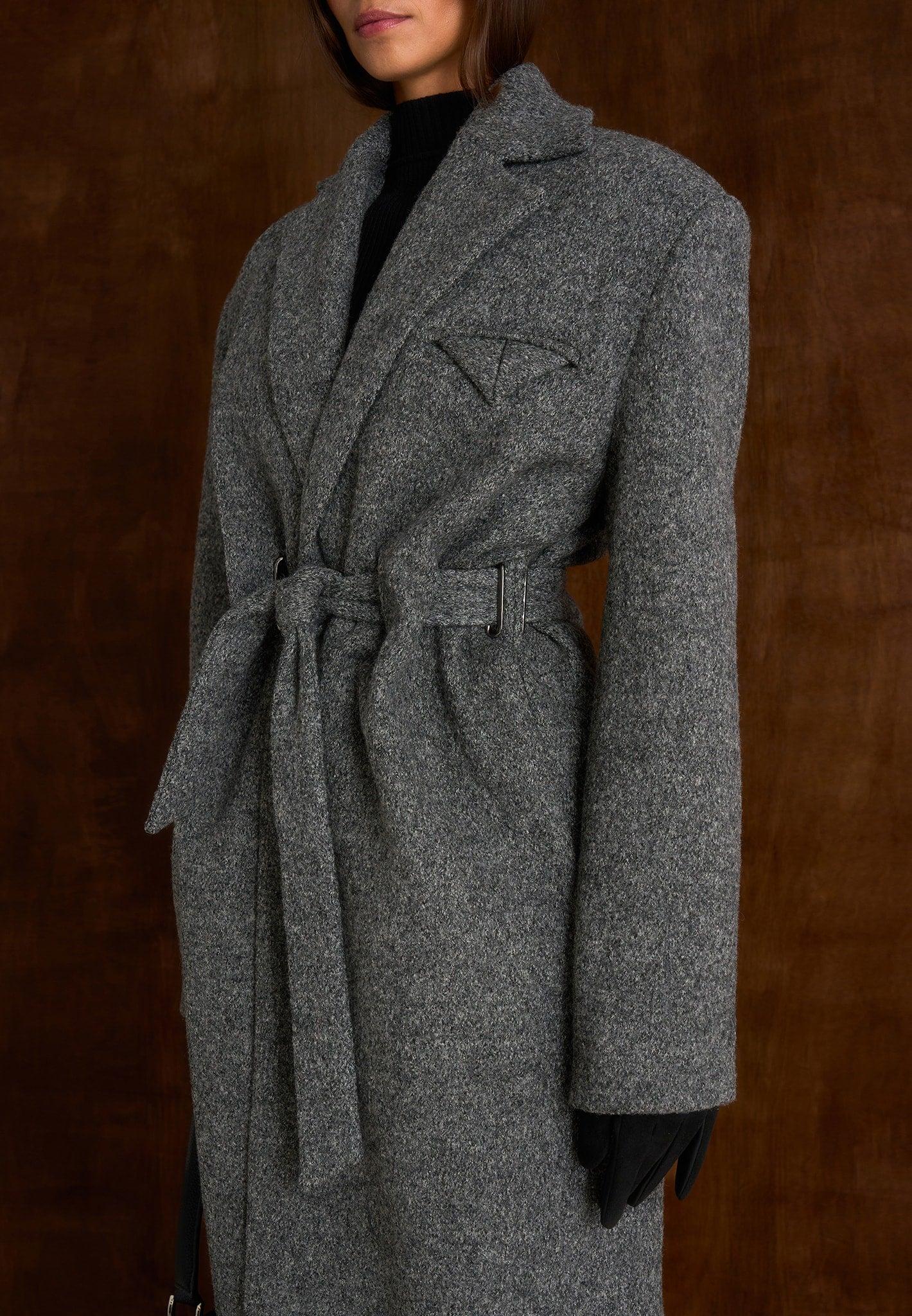 Jena - Wide Shoulder Wool Coat with Cinch Belt - Grey Female Product Image