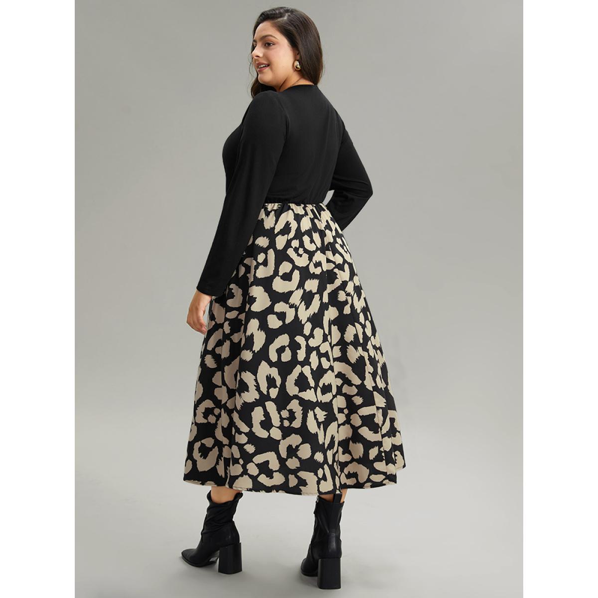 Plus Size Leopard Patchwork Pocket Twist Front Dress Black Women At the Office Printed V-neck Long Sleeve Curvy Midi Dress BloomChic 10/M Product Image