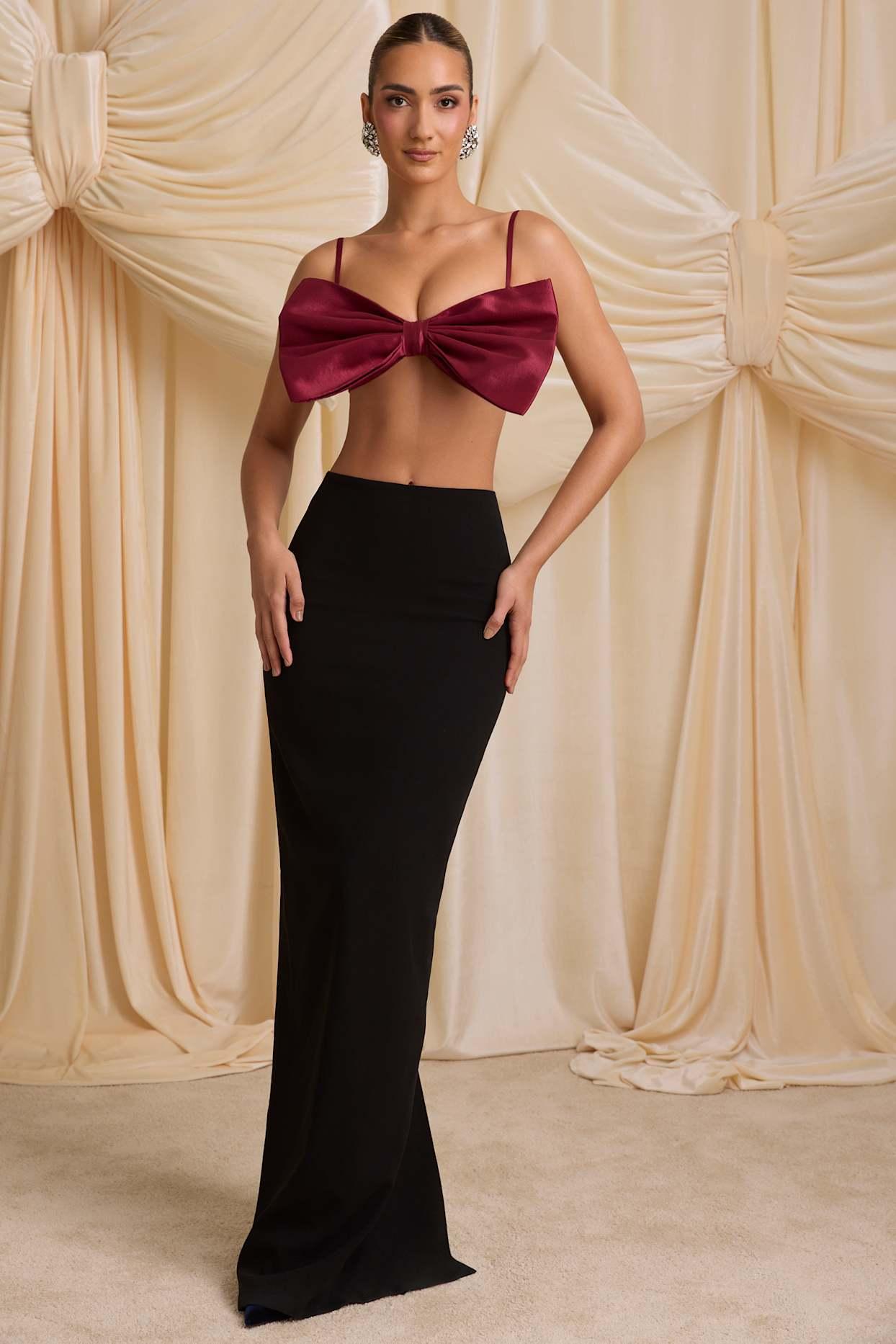 Strapless Bow Crop Top in Wine Red Product Image