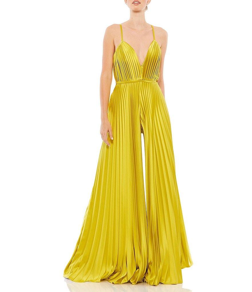 Mac Duggal Pleated Deep V-Neck Spaghetti Strap Sleeveless Wide Leg Jumpsuit Product Image