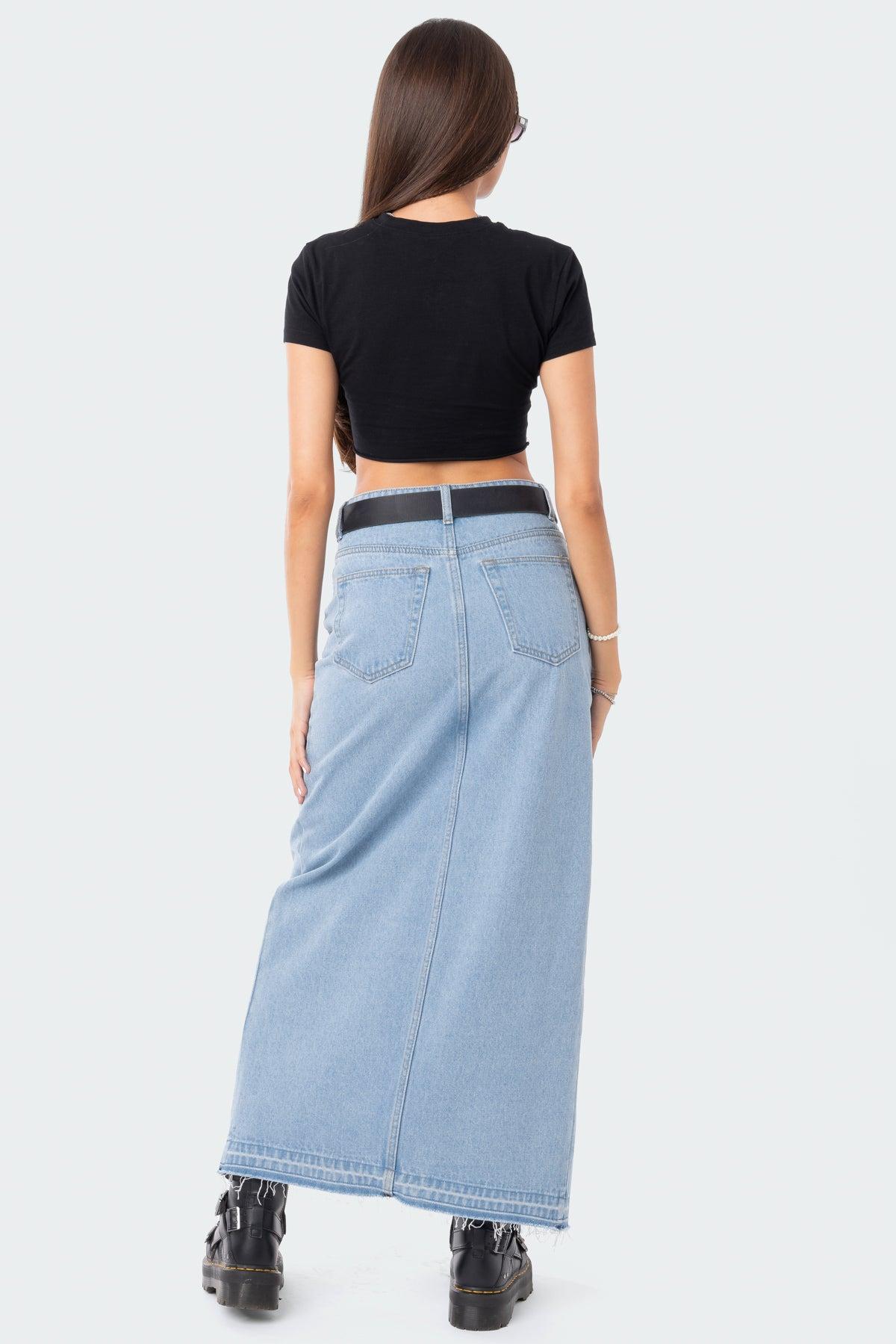 Front Slit Maxi Denim Skirt Product Image