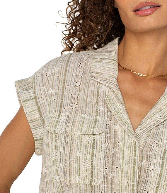 Liverpool Los Angeles Yarn-Dyed Stripe Notch Collar Rolled Cap Sleeve Camp Shirt Product Image