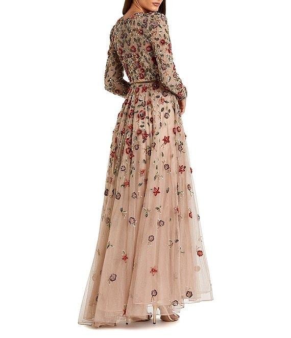 Mac Duggal Floral Beaded Crew Neck Long Sleeve Pleated Chiffon Gown Product Image